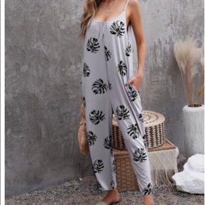 Gray palm leaves spaghetti strap wide leg jumpsuit